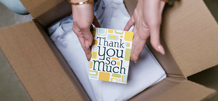 Photo showing a thank you card inside a shipment